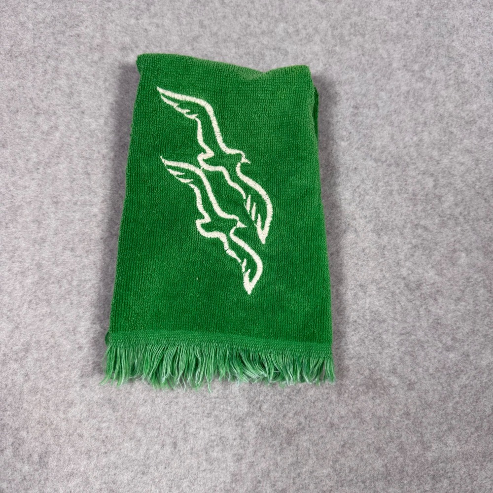 Vintage 70s Ames Green Hand Towel Embroidered Seagulls Fringed USA Made